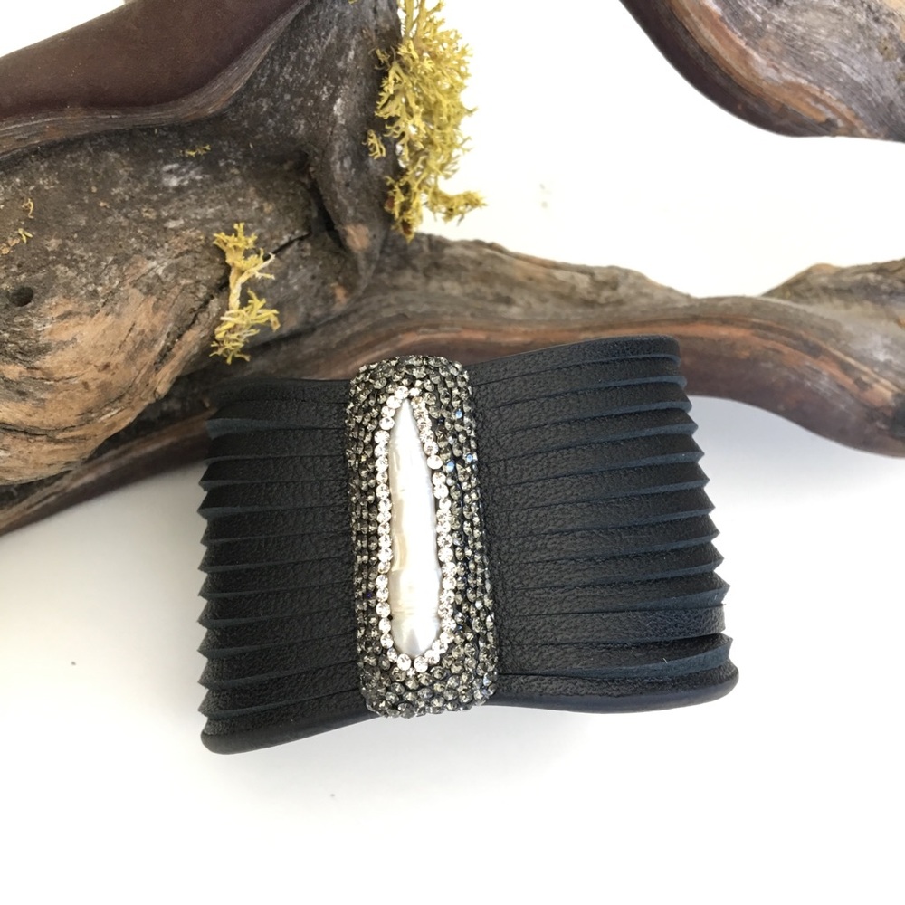Black Leather Baroque Pearl Crystals Cuff Bracelet